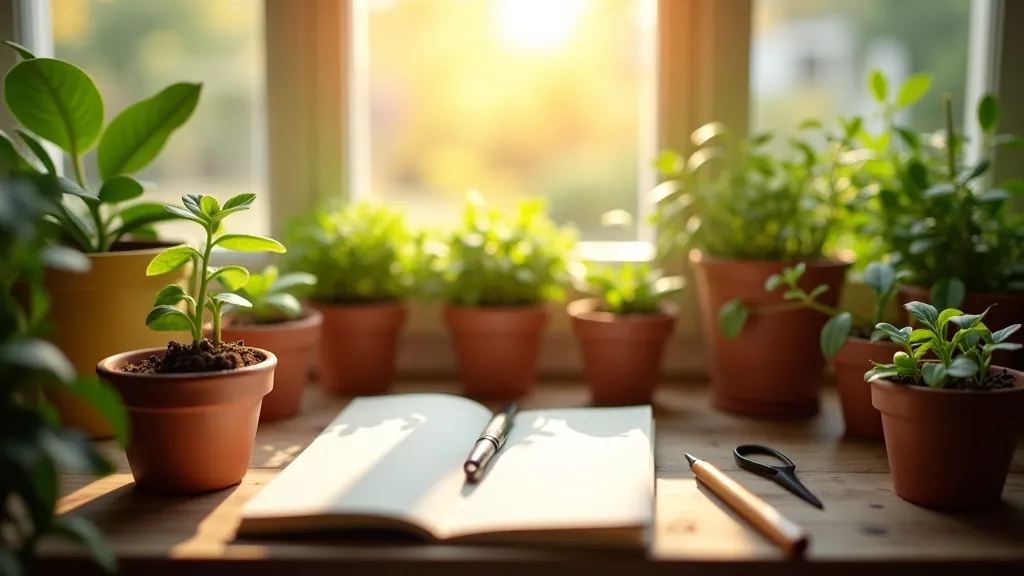 Bright indoor garden workspace with seed trays, plants, and natural light