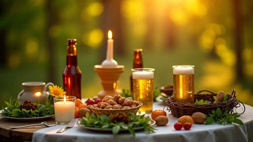 Traditional Latvian table setting with flowers and greenery for Jāņi celebration