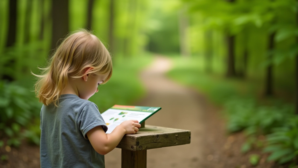 Child reading wooden educational signage on nature trail with forest background