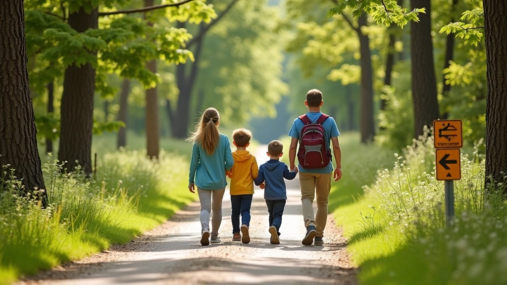 Family of four walking together on a well-marked nature trail through forest setting