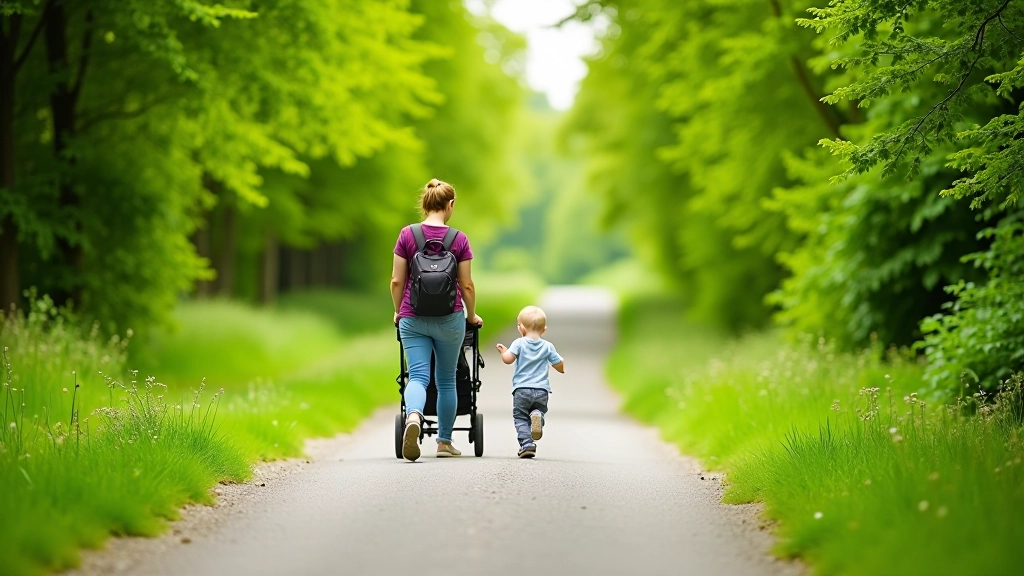 Mother pushing stroller with toddler on a well-maintained nature trail surrounded by greenery